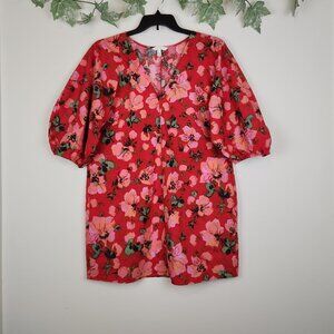 H&M Women's Size L Red Pink Floral Puff Sleeve Lightweight V-Neck Mini Dress